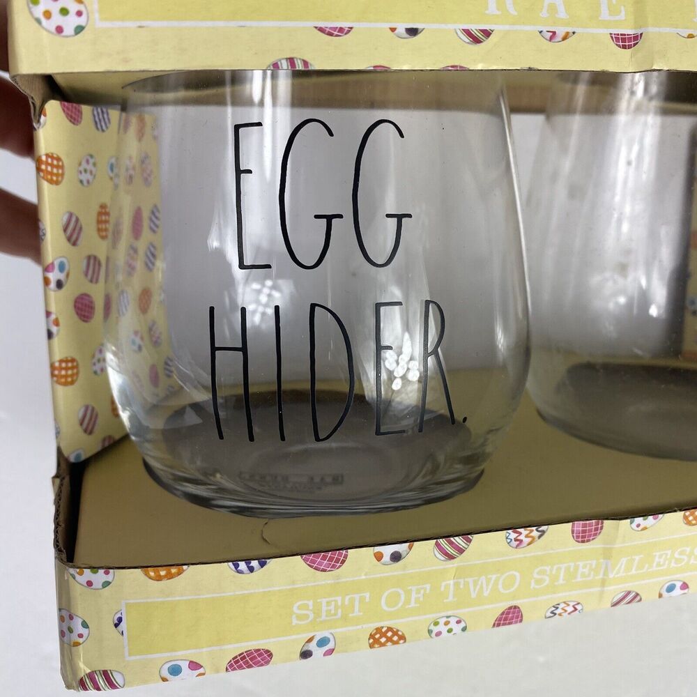 Rae Dunn EASTER Set of 2 Clear Stemless Wine Glasses New In Box - Picture 2 of 5